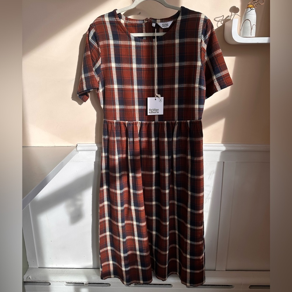 (NWOT) Plaid Midi Dress in Rust and Navy by Bridge & Tunnel